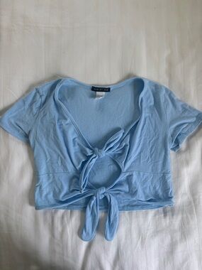One by One Light Blue Tie-Front Crop Top